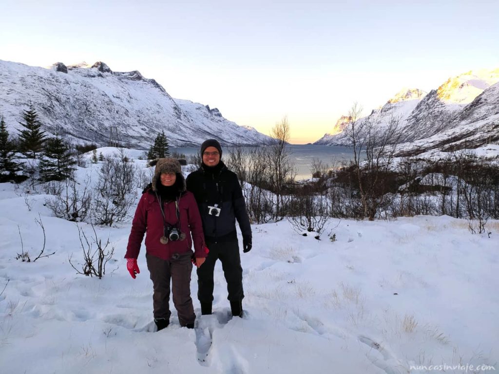 Excursión a los fiordos de Tromso: un paisaje nevado con un fiordo al fondo